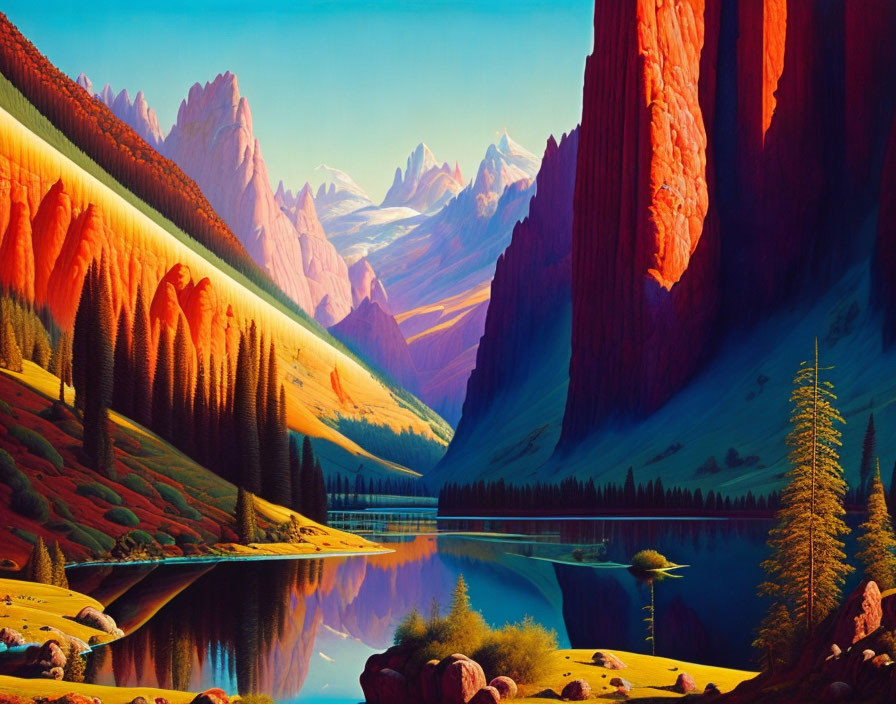 Serene lake with red cliffs and colorful forest in vibrant landscape