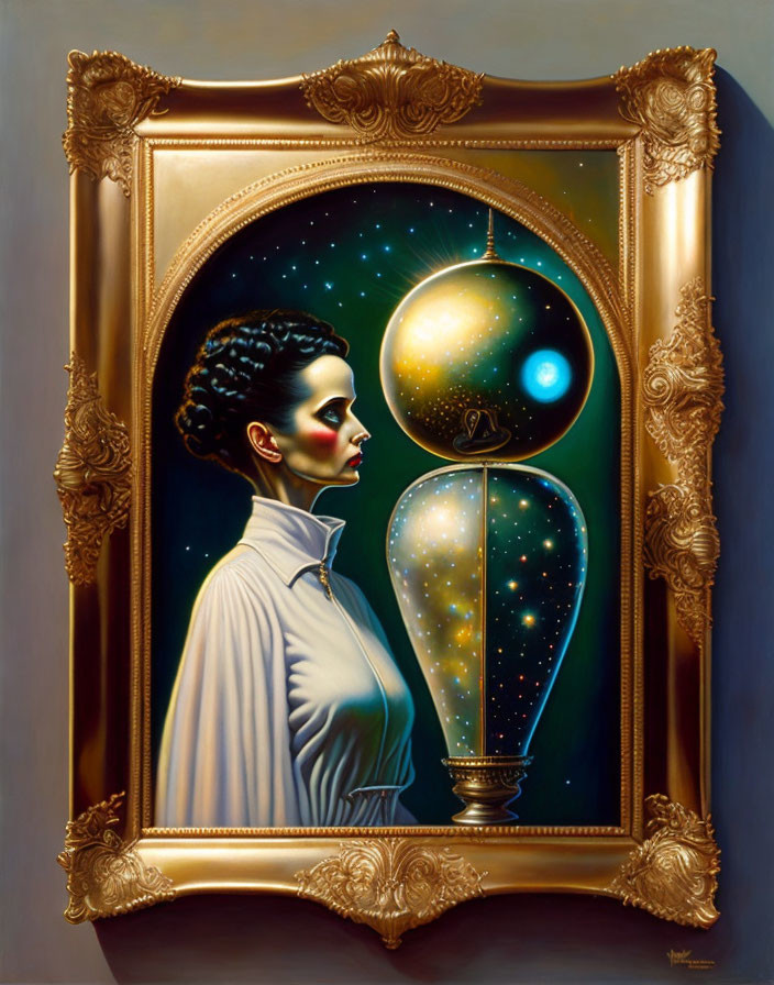 Surreal cosmic-themed portrait of a woman with integrated hourglass in golden frame