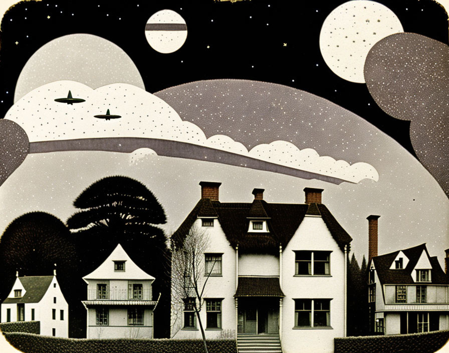 Whimsical vintage houses under night sky with moons and flying saucers