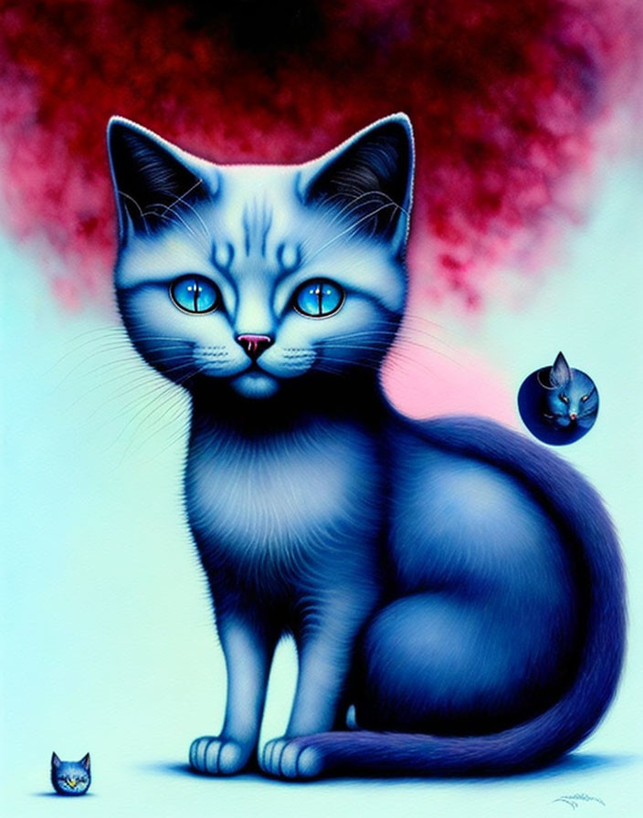 Stylized blue cat with expressive eyes on pink gradient background