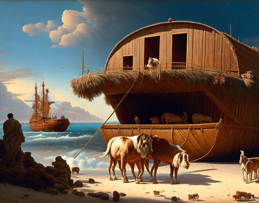 Man observing wooden ark with animals by the shore next to sailing ship