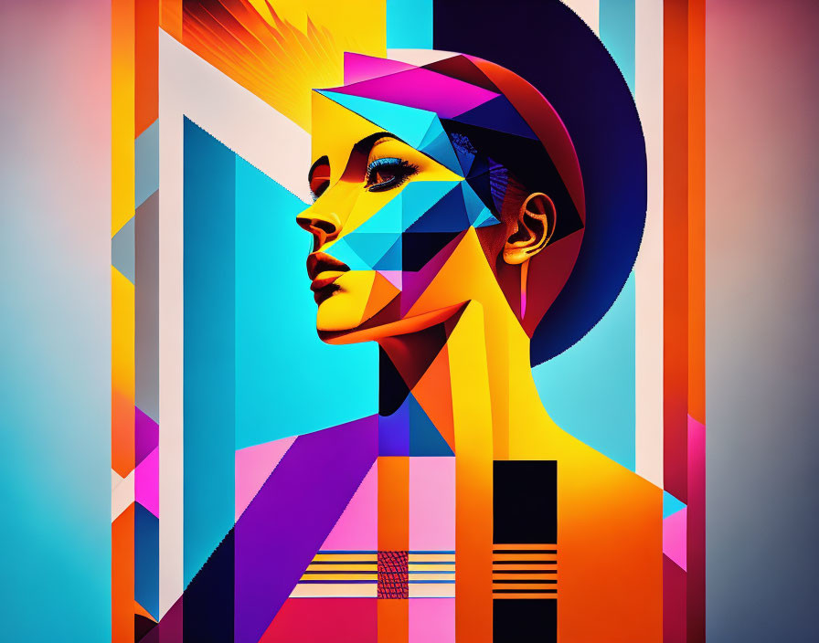 Vibrant geometric digital art of woman's profile on abstract backdrop