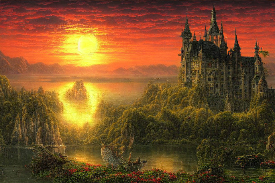 Fantasy landscape with grand castle in lush forest under red sunset sky