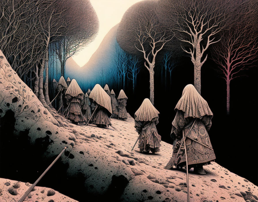 Surreal artwork: robed figures in barren landscape at dusk.