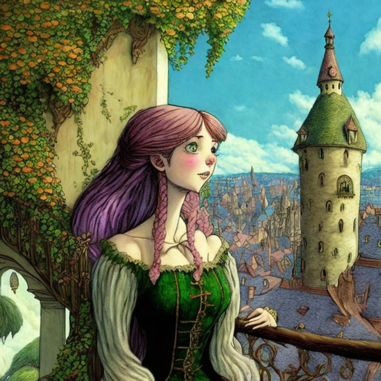 Purple-haired woman in green dress on balcony with enchanted castle and town background