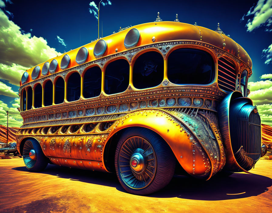 Vintage-style Steampunk Bus with Brass and Copper Design under Dramatic Sky