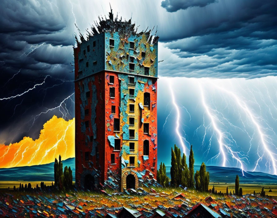 Dilapidated high-rise building in stormy landscape