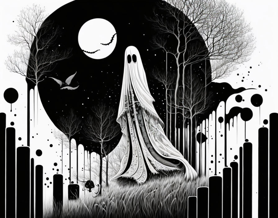 Monochromatic forest scene with ghostly figure and crescent moon