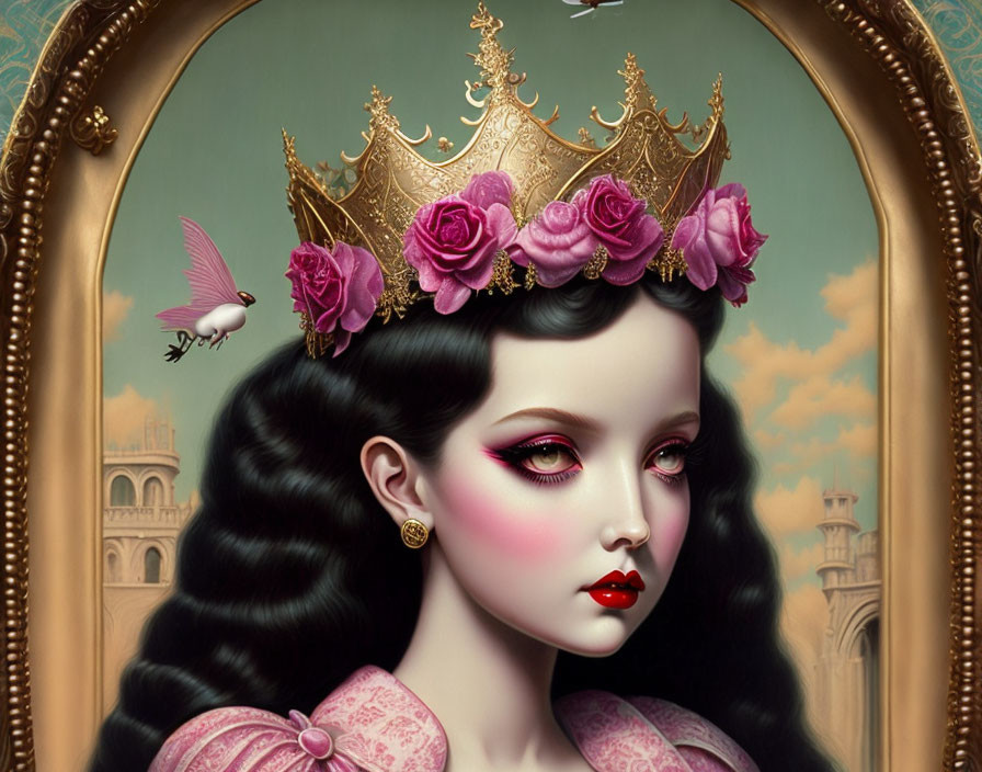 Detailed Victorian woman illustration with pale skin, gold and rose tiara, black hair, and dove.