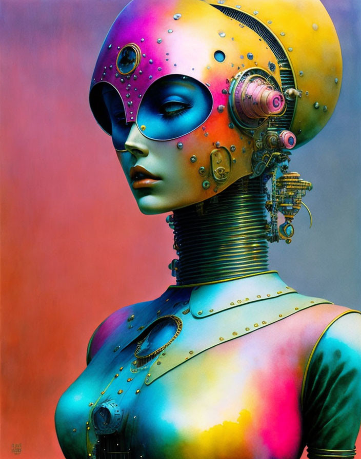 Colorful futuristic female robot with intricate mechanical features on gradient backdrop