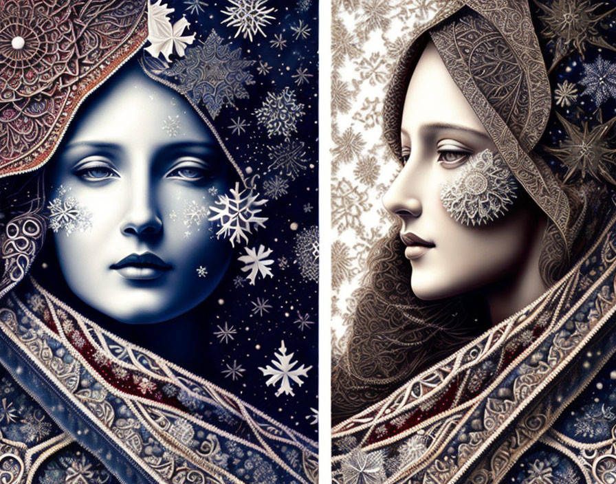 Stylized female portrait diptych with snowflakes and ornate patterns in blue and brown