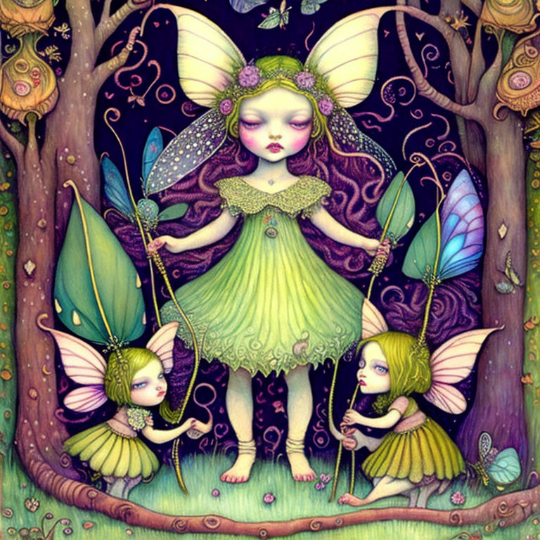 Whimsical fairies with vibrant wings in mystical forest