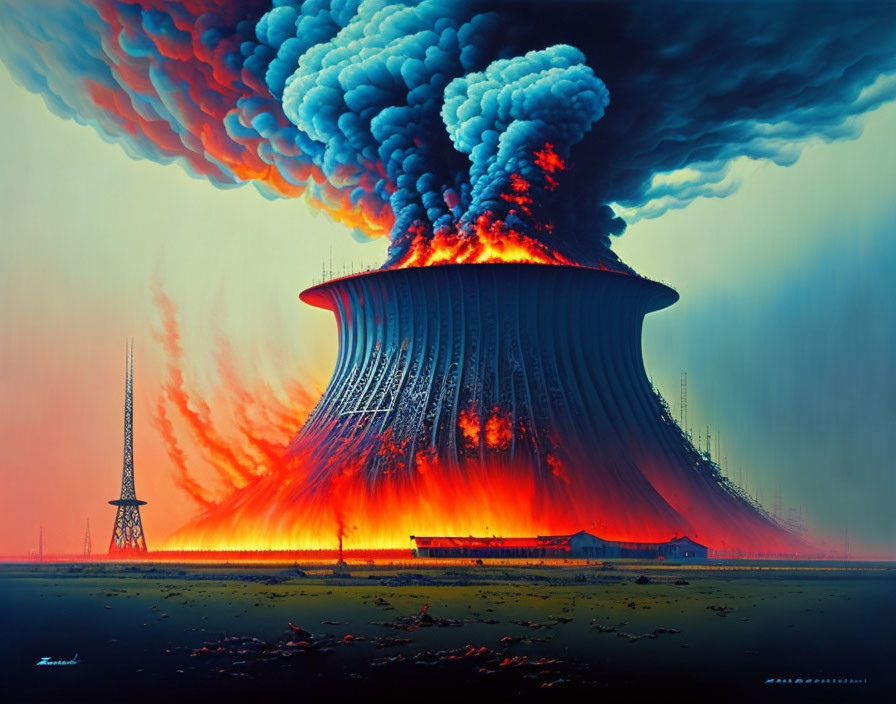 Dramatic painting of nuclear power plant meltdown