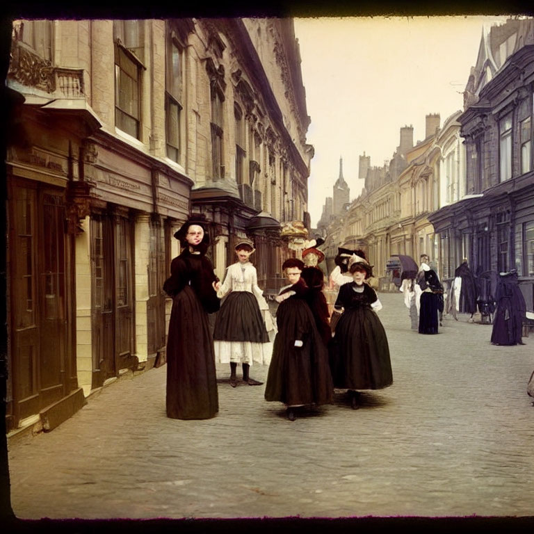 Victorian-era women in long dresses walking on cobblestone street