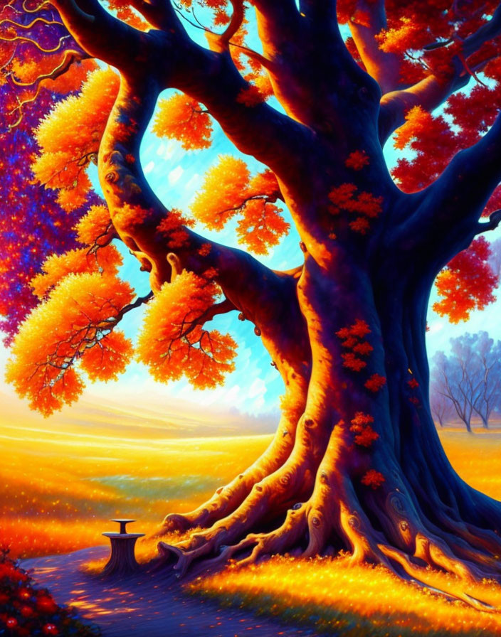 Colorful painting: Large tree with fiery-orange leaves under bright azure sky