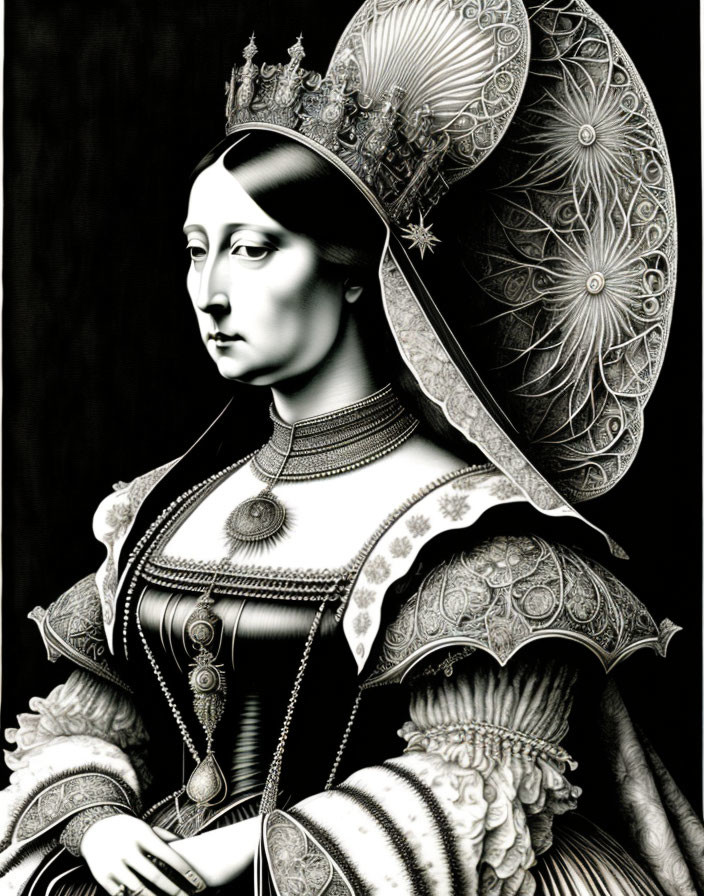 Detailed monochromatic regal attire illustration of a woman with ornate headdress and dress.