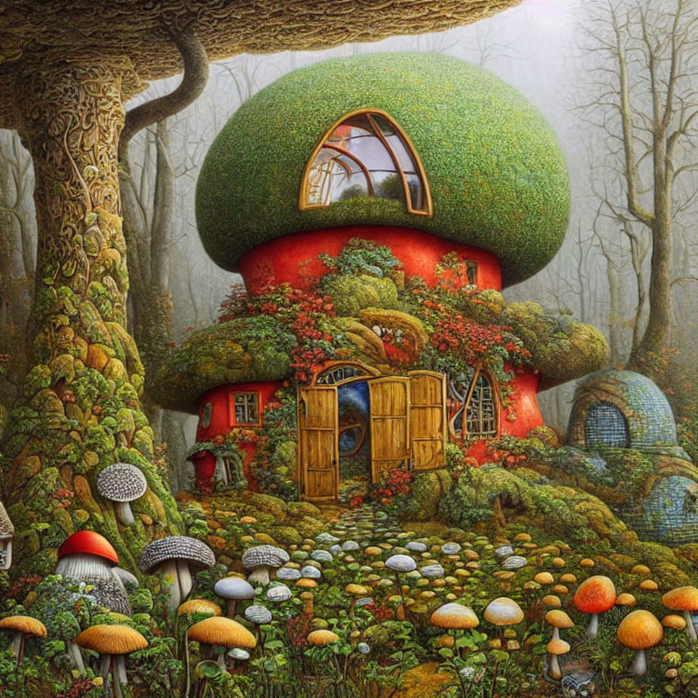 Whimsical mushroom-shaped house in lush forest setting