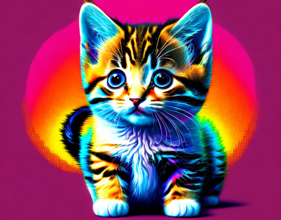 Colorful Digital Art: Kitten with Blue Eyes on Pink and Orange Background