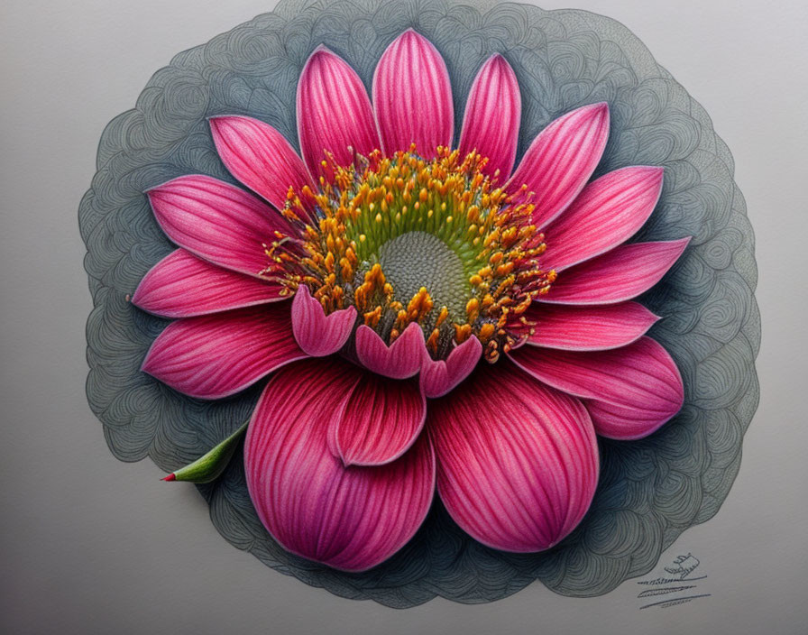 Detailed Drawing of Vibrant Pink Flower with Prominent Petals on Grey Background