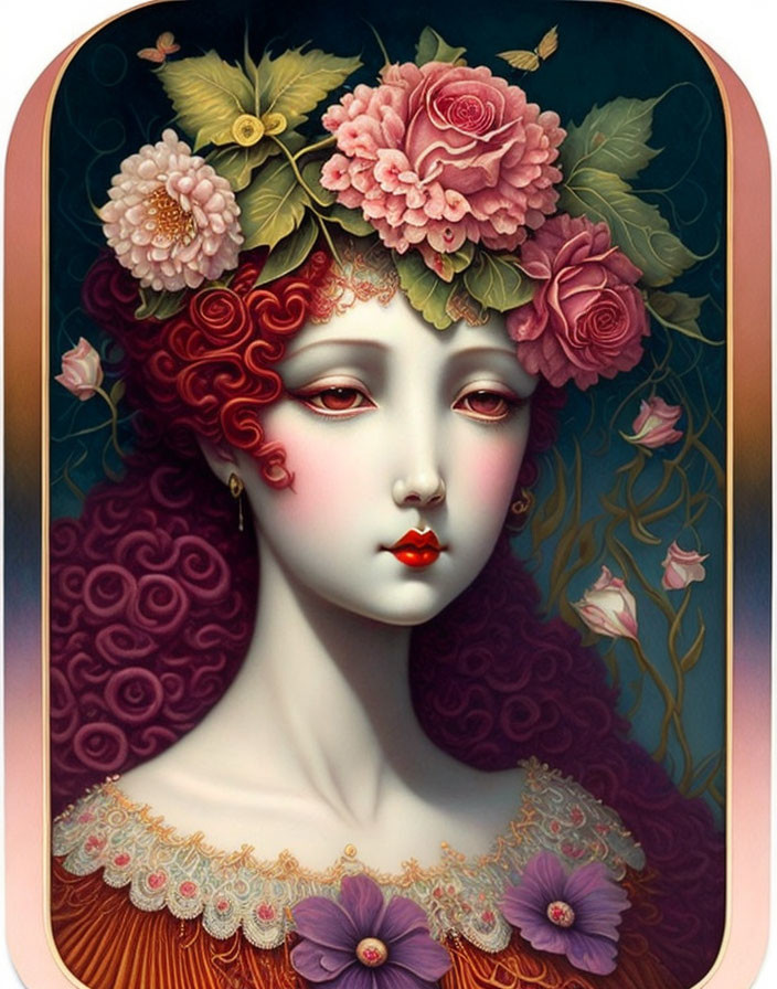 Red-haired woman with floral headpiece in purple flower backdrop