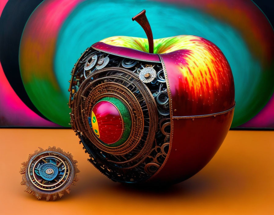 Surreal apple with mechanical gears on multicolored backdrop