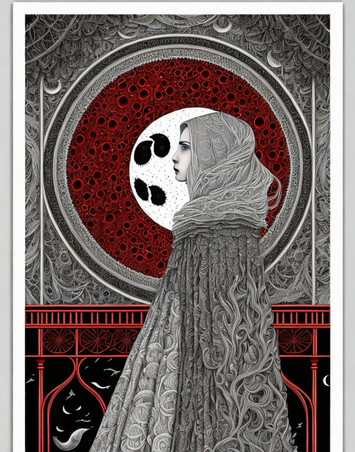 Illustration of figure in skull cloak against red and grey intricate background