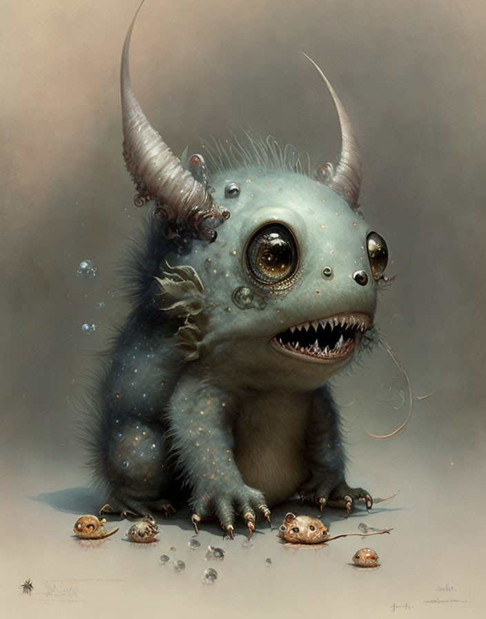 Whimsical creature with large eyes and horns surrounded by tiny critters