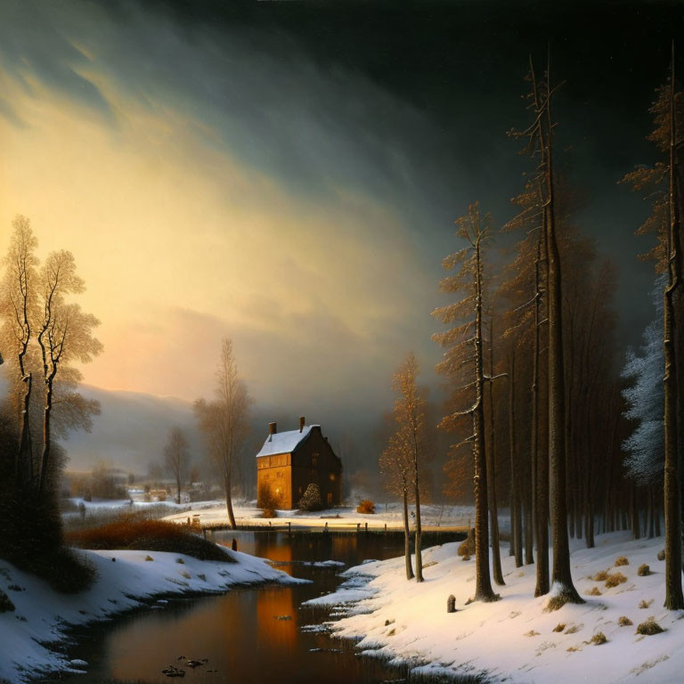 Tranquil winter dusk scene with cottage, river, bare trees, and snowy ground