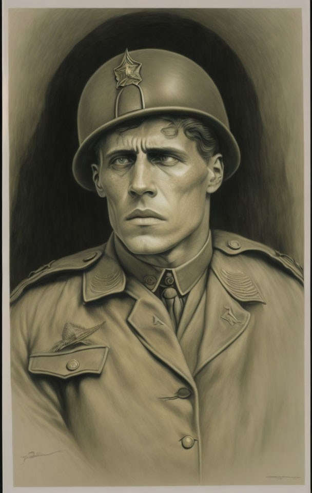 Monochromatic illustration of man in military uniform with star-adorned hat.