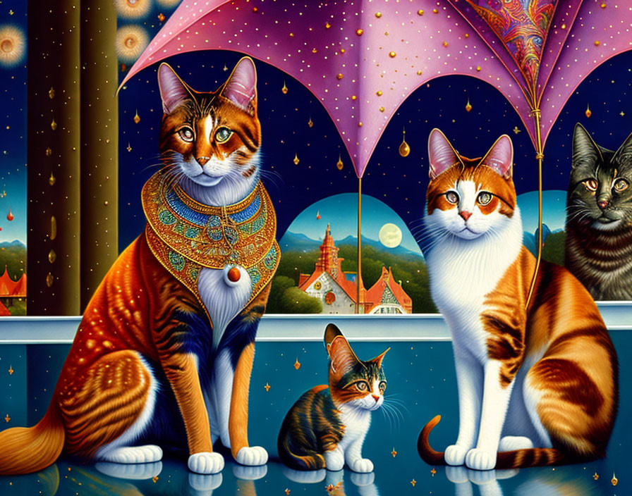 Vibrant Illustration of Four Cats with Umbrella in Nighttime Scene