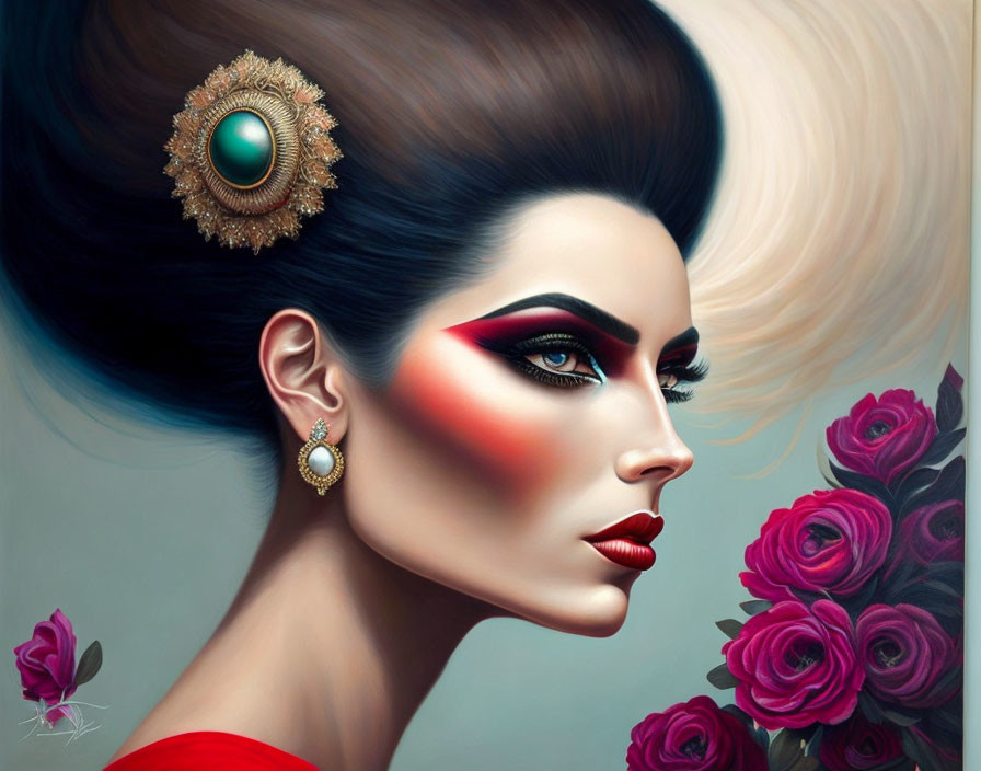 Woman with dramatic makeup and jeweled accessories near stylized roses