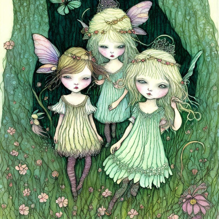 Whimsical fairy characters with delicate wings in dreamlike floral setting