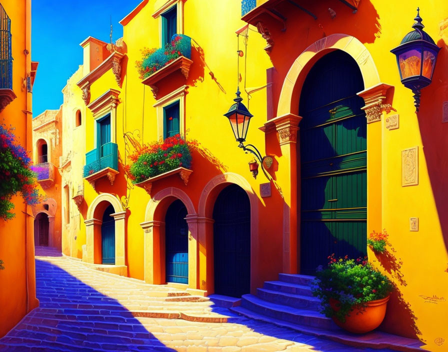 Colorful Street Scene with Blue Stairs, Yellow Walls, Arched Doorways, Lanterns,