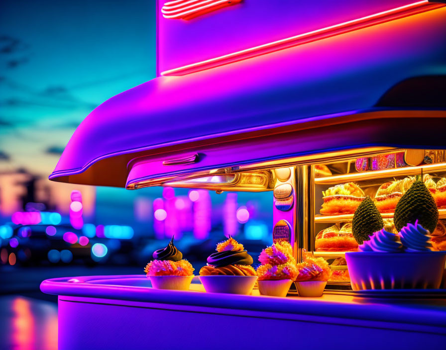 Vibrant cupcakes and pastries in neon-lit diner display.