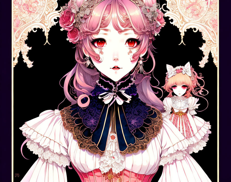 Detailed Gothic Lolita Artwork Featuring Girl with Pink Hair