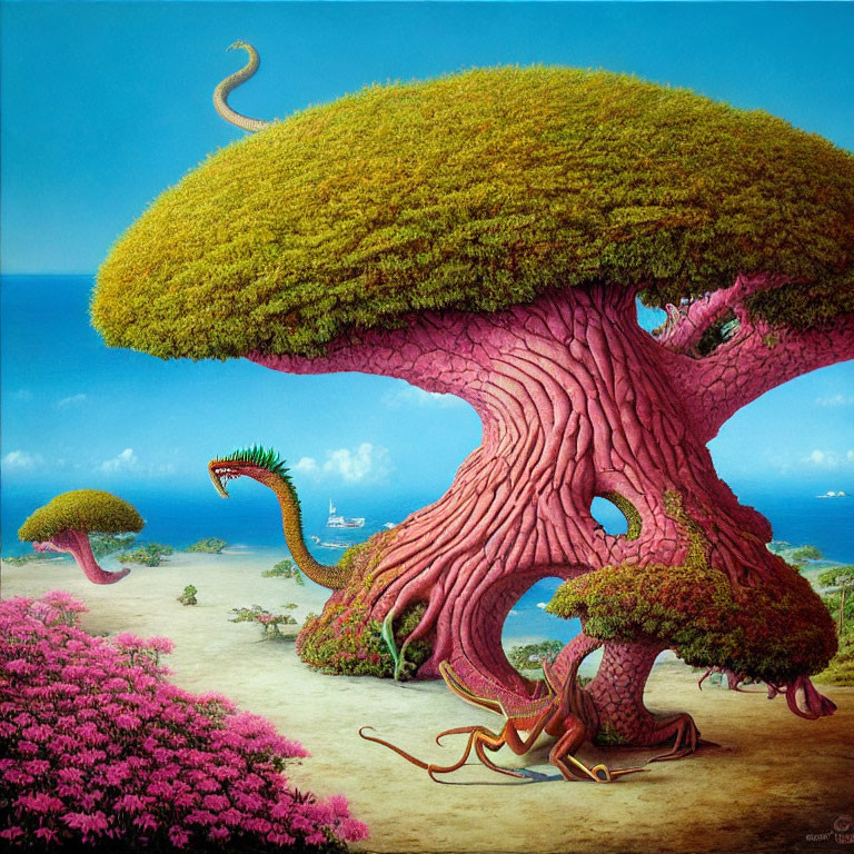 Whimsical pink tree with colorful flora and ocean backdrop