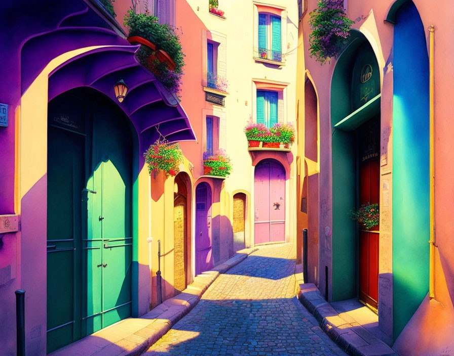 Colorful street scene with arched doorways and flower boxes in warm sunlight