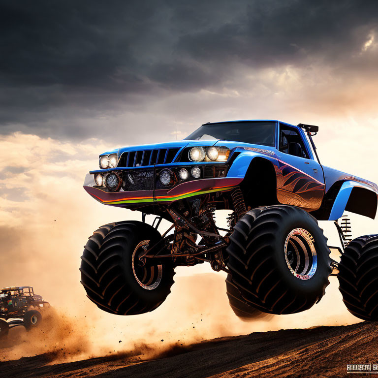 Blue and red monster truck jumps in the air with dramatic sky and dust clouds.