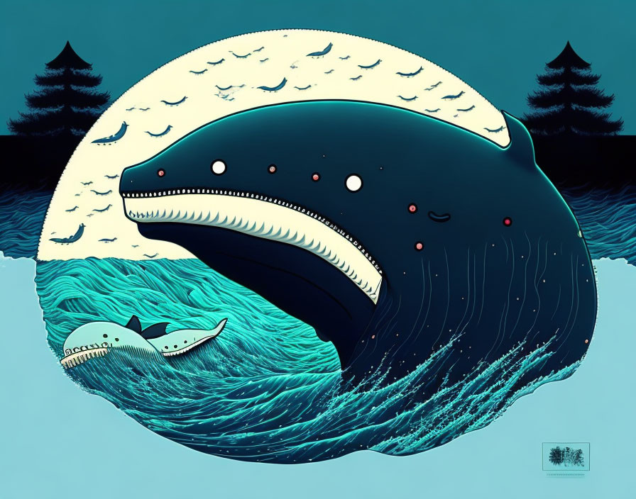 Whale illustration with open mouth filled with fish on moon circle.