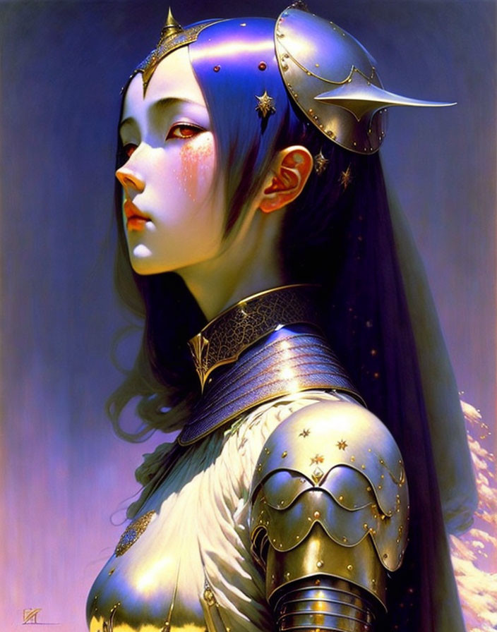 Fantastical portrait of a woman with blue hair in celestial gold armor