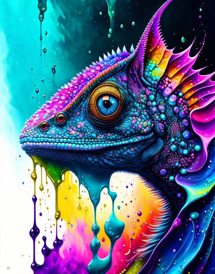 Colorful lizard digital artwork with textured skin and dripping paint effects