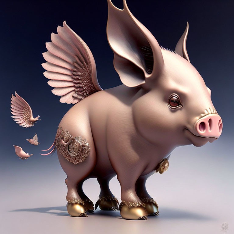 Digital artwork featuring whimsical pig with wings, ornate patterns, and golden hooves, surrounded by