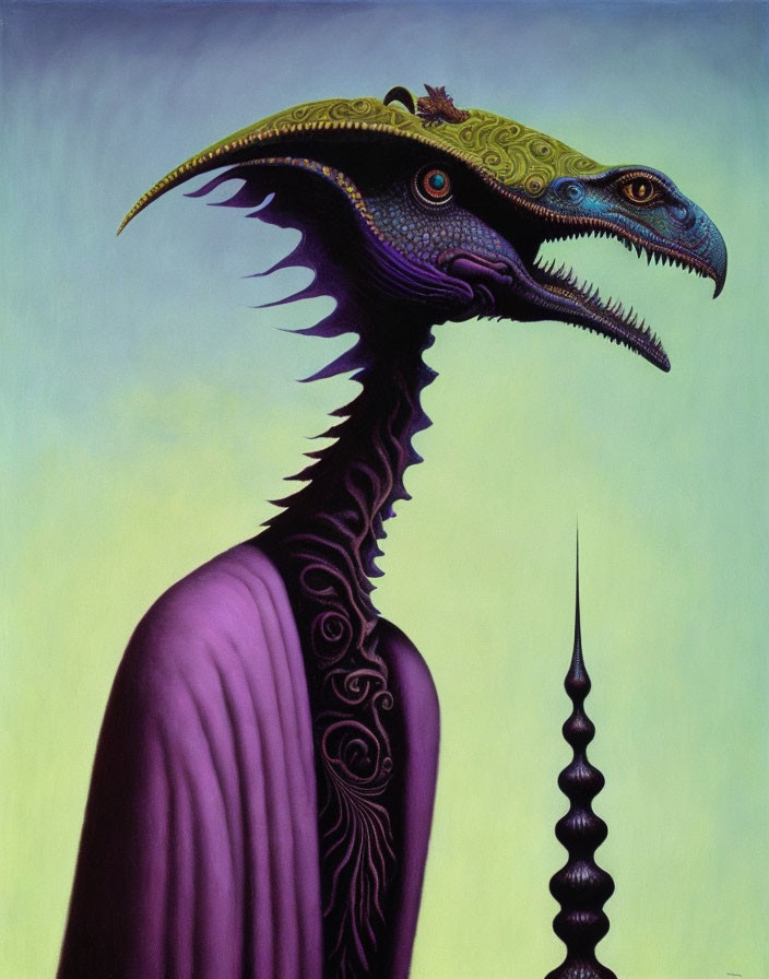 Surreal painting: Creature with dinosaur head on human body, intricate patterns, soft gradient background