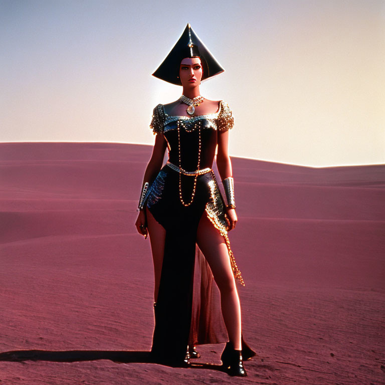 Elaborate costume with triangular headpiece in desert setting