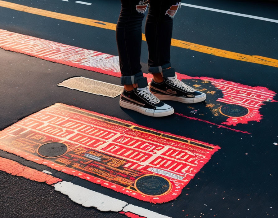 Colorful Street Painting with Person in Black Sneakers and Ripped Jeans