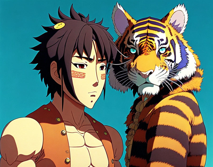 Young man with dark hair standing next to colorful tiger on teal background