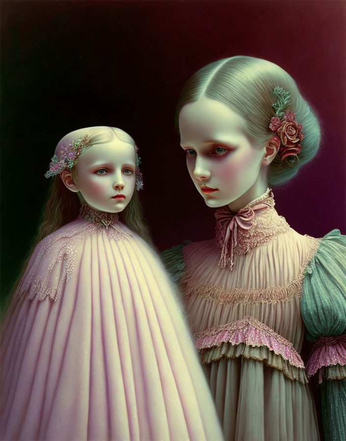 Porcelain-like figures in vintage pink dresses on dark background