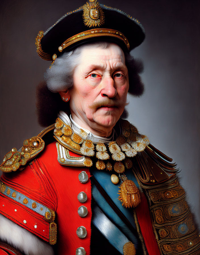 Man in surreal military uniform with gold epaulets