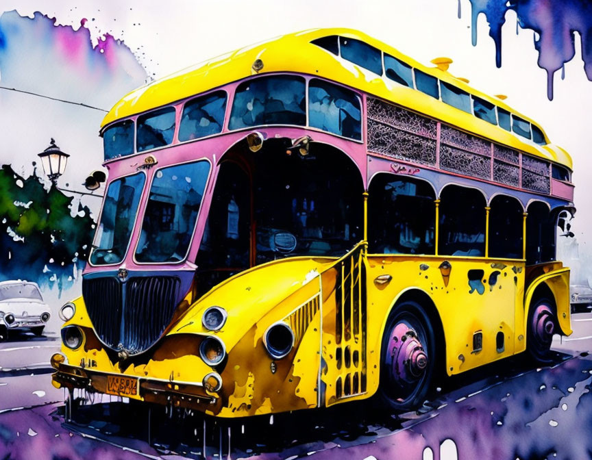 Colorful Watercolor Illustration of Yellow Trolleybus in Urban Setting