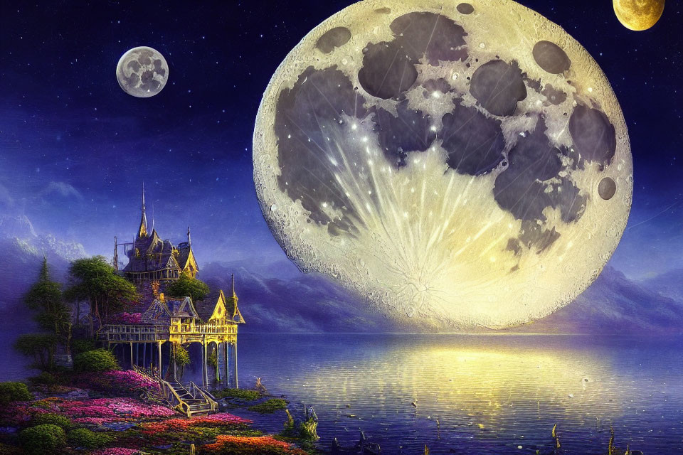 Fantastical moonlit lake scene with castle and lush greenery